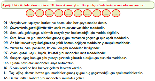 4. Sınıf Fen Bilimleri Maddenin Özellikleri Doğru-Yanlış Etkinliği