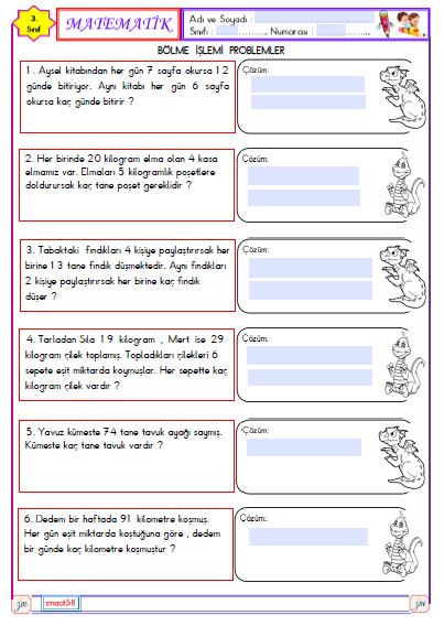 3. Sınıf Matematik Bölme İşlemi Problemler 4