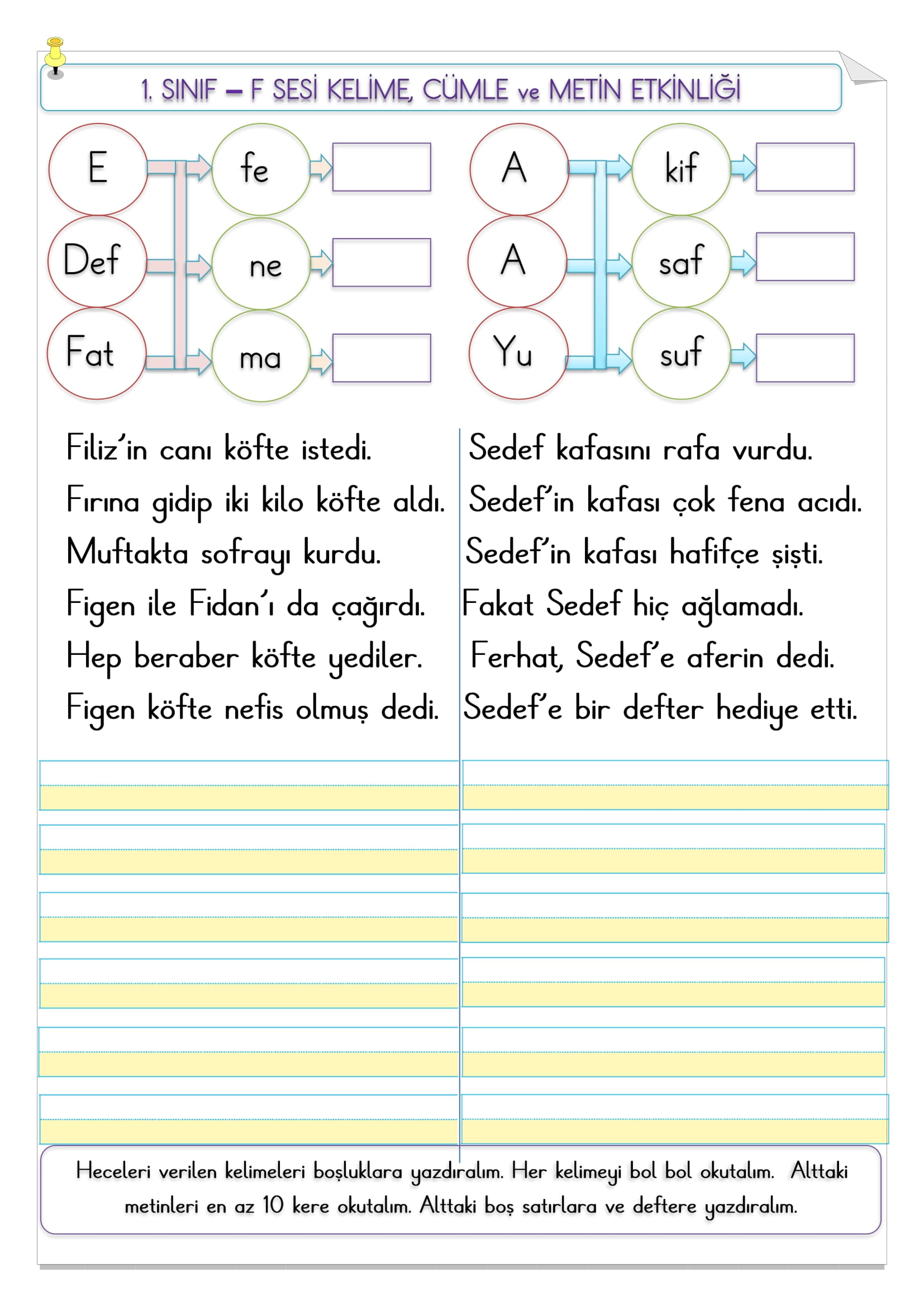 1. Sınıf İlk Okuma Yazma F sesi Kelime, Cümle ve Metin Etkinliği