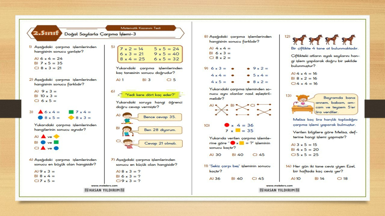 2. Sınıf Matematik Doğal Sayılarla Çarpma İşlemi Testi-3