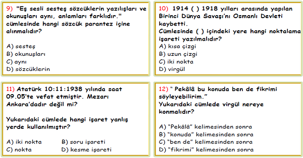4. Sınıf Türkçe Noktalama İşaretleri ve Yazım Yanlışları Test-7