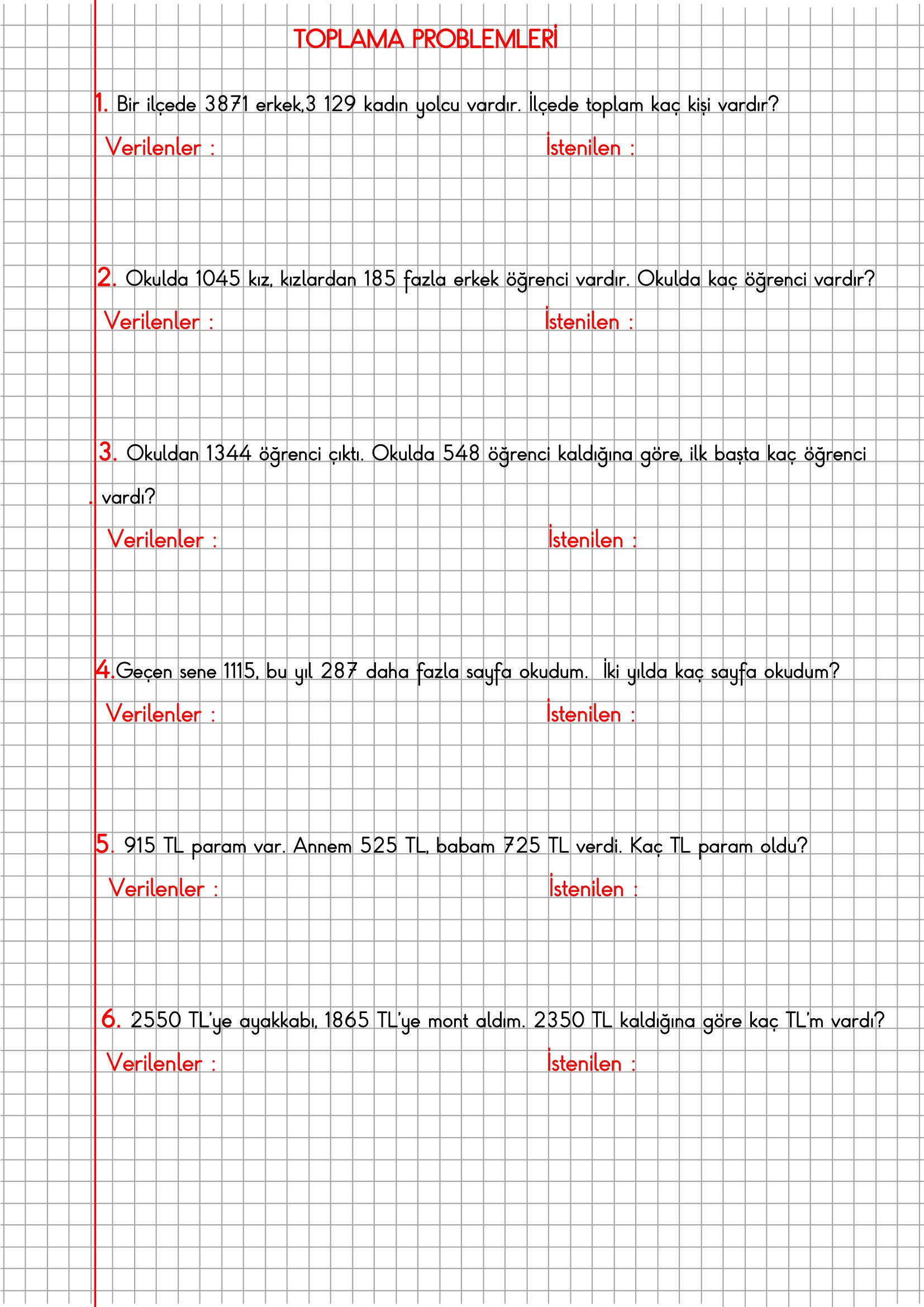 4. Sınıf Matematik Kareli Defterde Toplama Problemleri