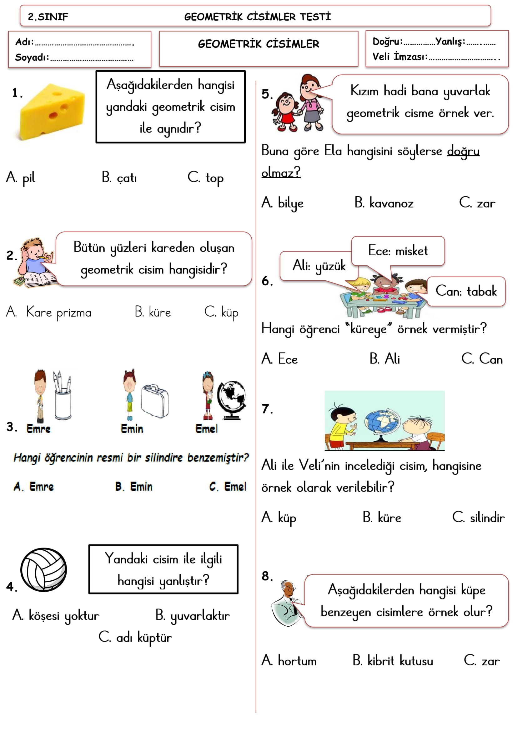 2. Sınıf Matematik Geometrik Cisimler Testi