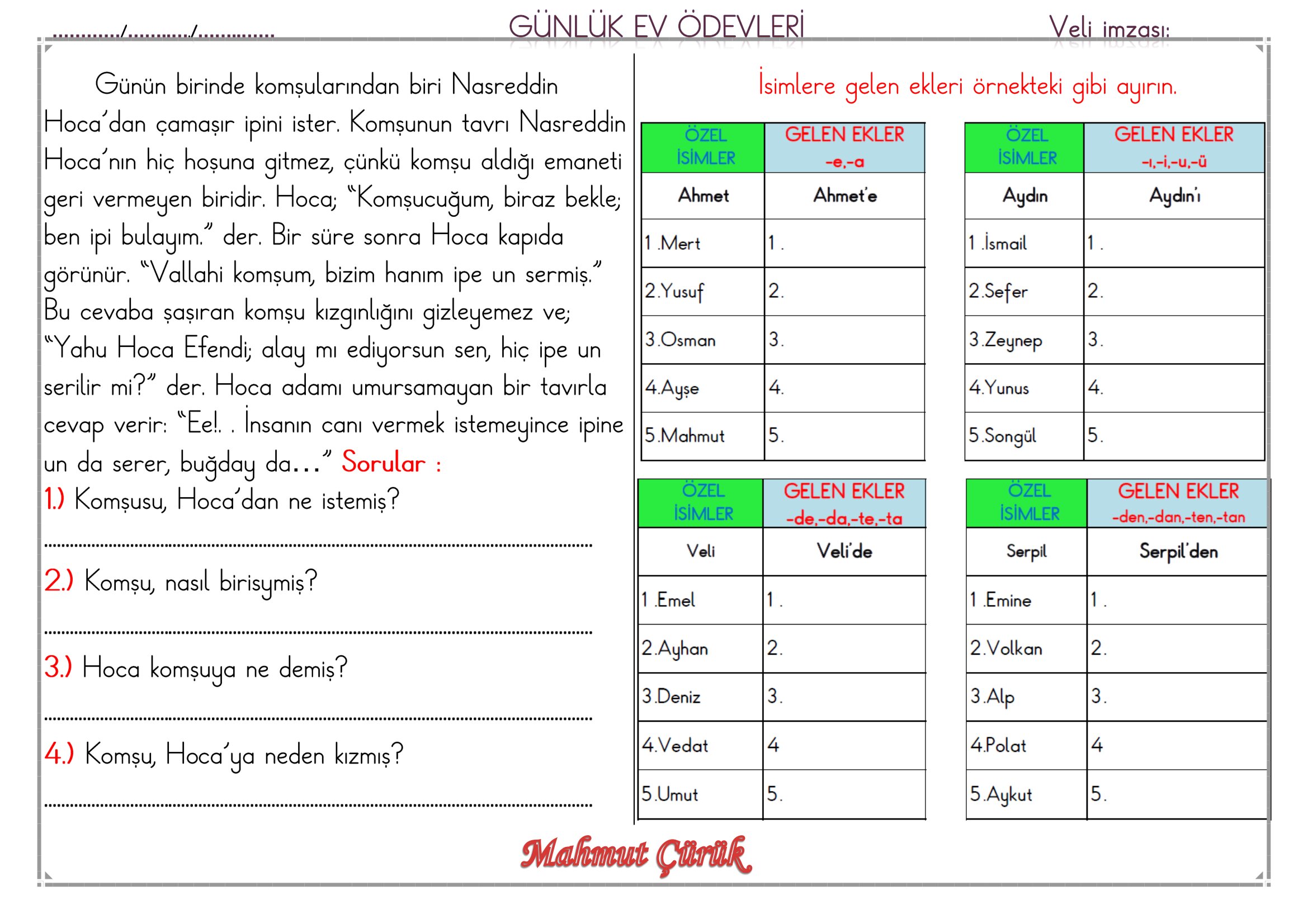 1. Sınıf - 19 Haziran 2026 Günlük Ev Ödevleri