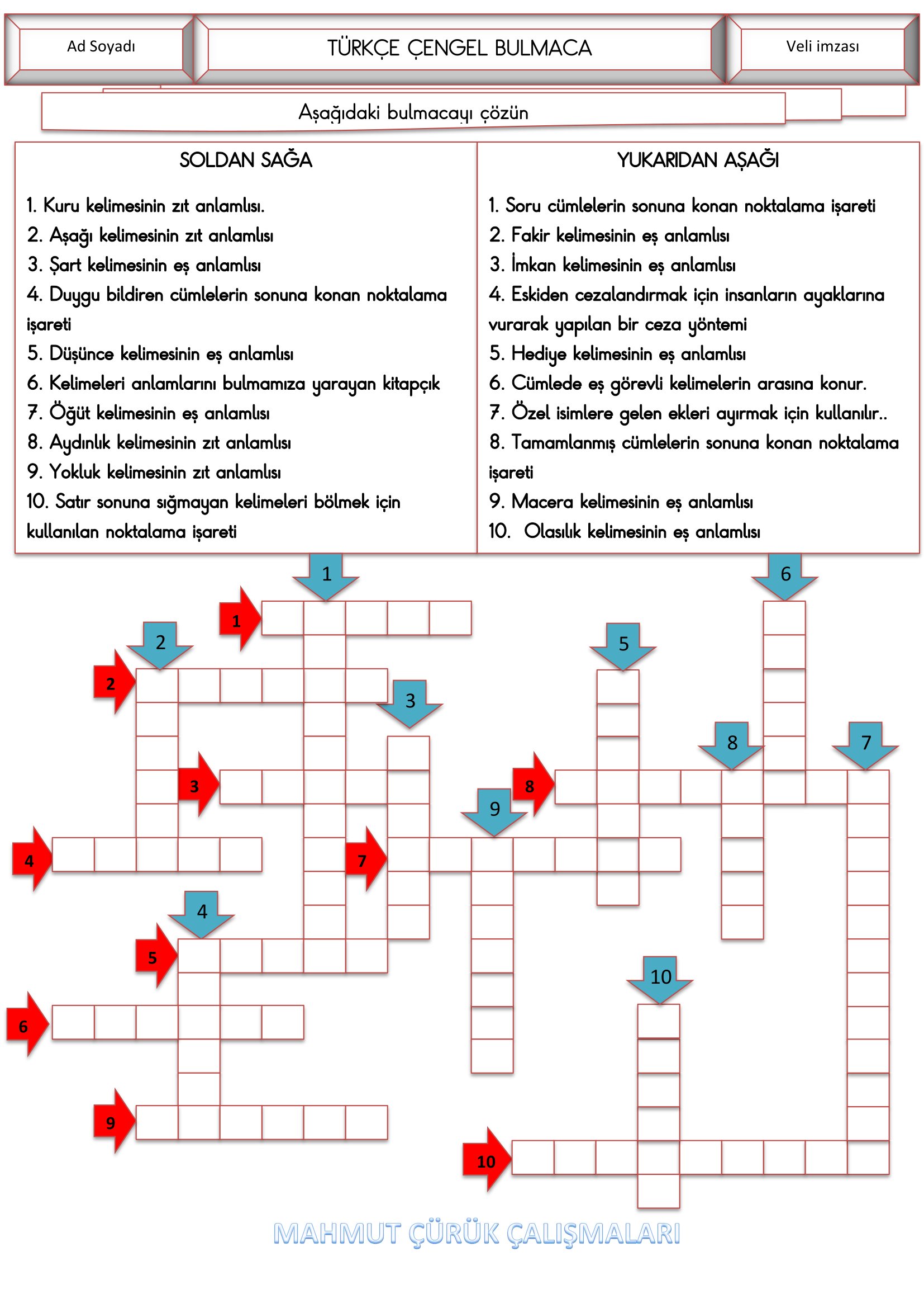 2. Sınıf - Türkçe Çengel Bulmaca Etkinliği