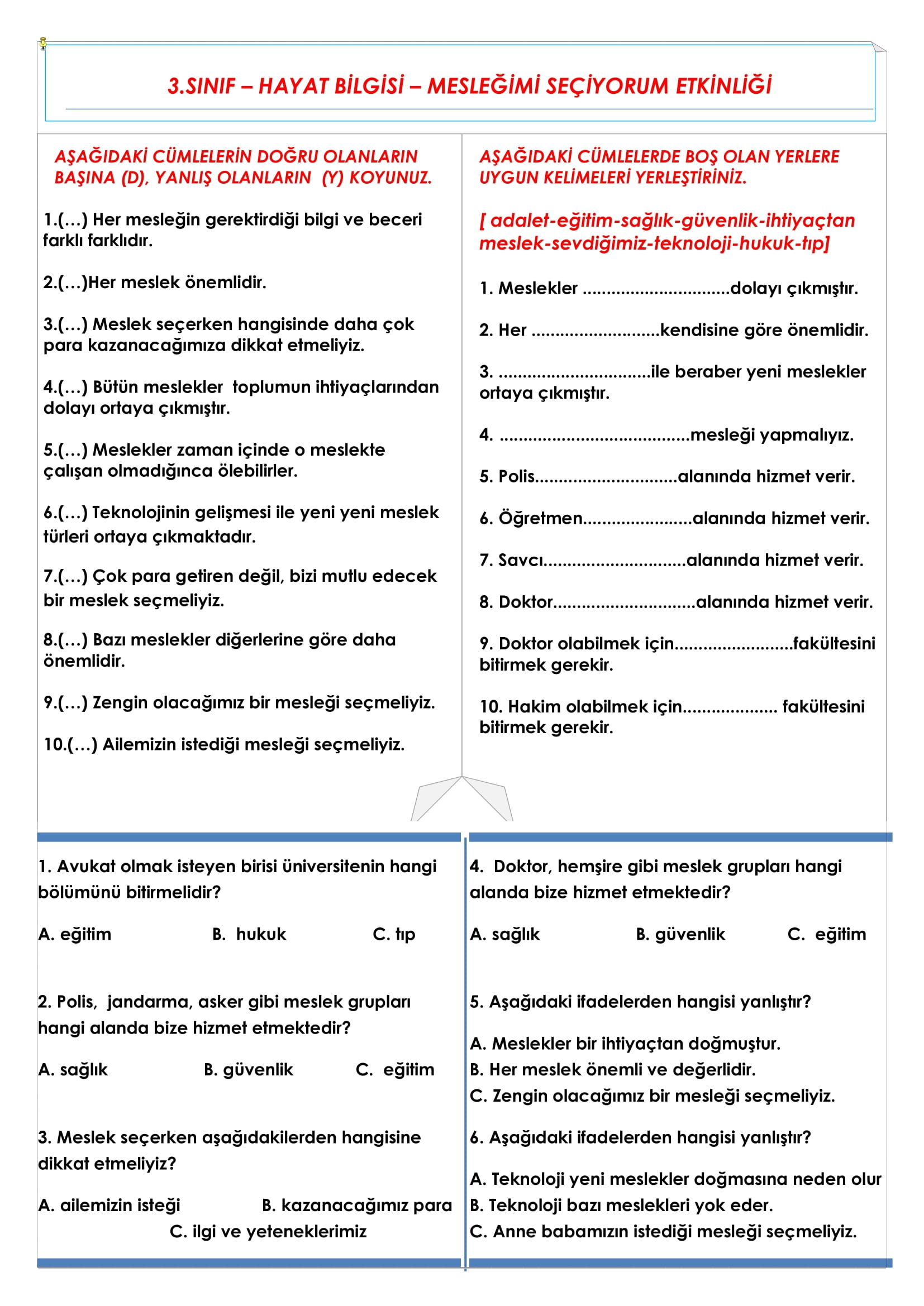 3. Sınıf - Hayat Bilgisi Mesleğimi Seçiyorum Etkinliği