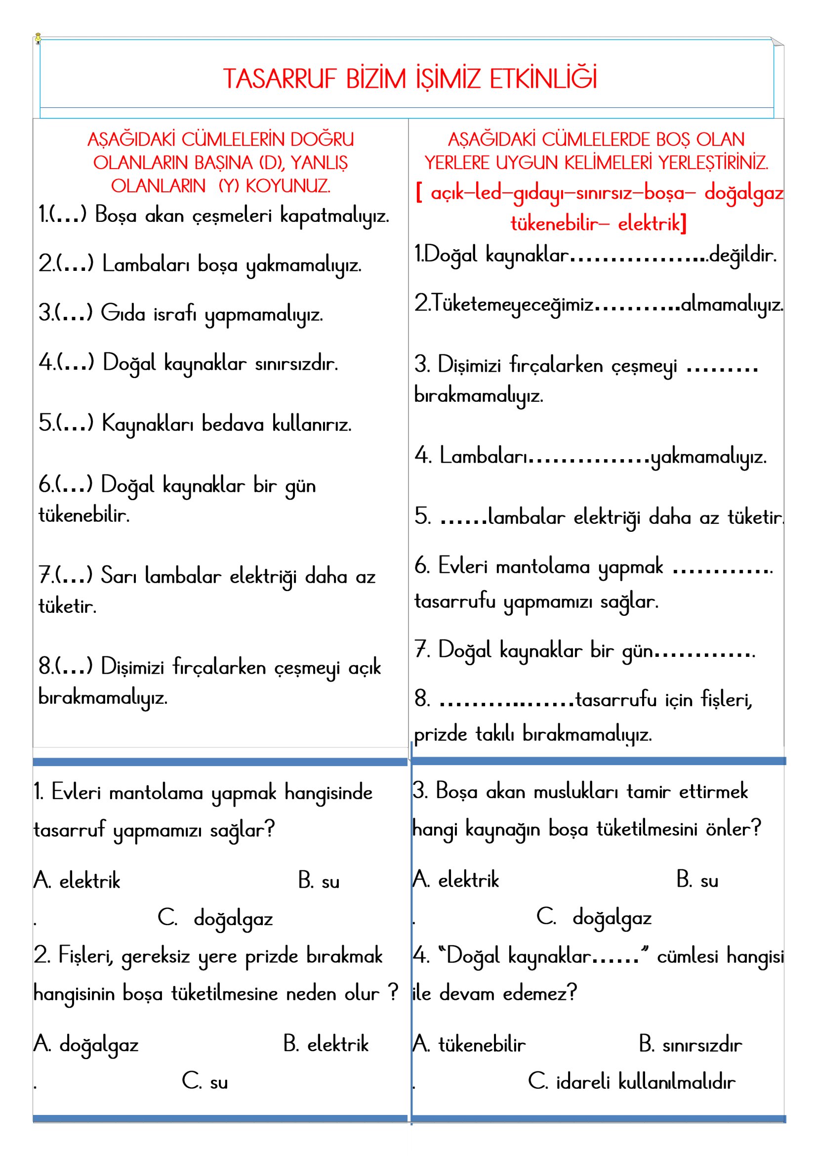 2. Sınıf - Hayat Bilgisi Tasarruf Bizim İşimiz Etkinliği