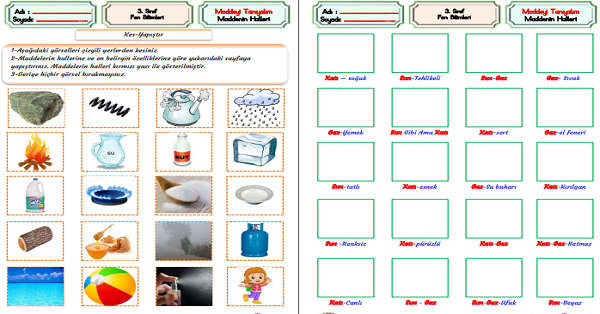 3. Sınıf Fen Bilimleri Maddenin Halleri Kes-Yapıştır Defter Etkinliği
