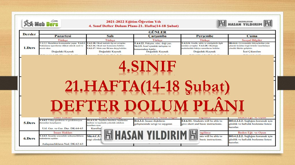 4. Sınıf 21.Hafta(14-18 Şubat) Defter Dolum Planı