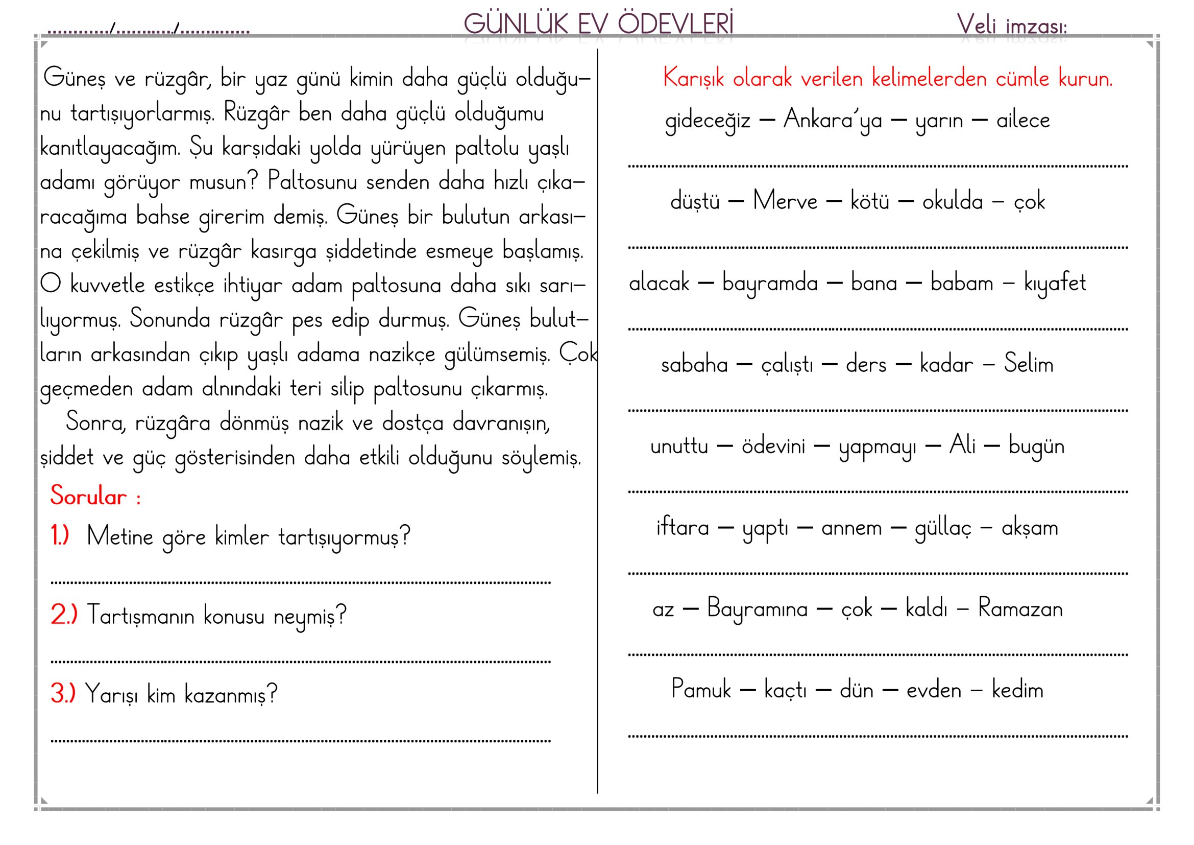1. Sınıf - 01 Nisan 2026 Günlük Ev Ödevleri
