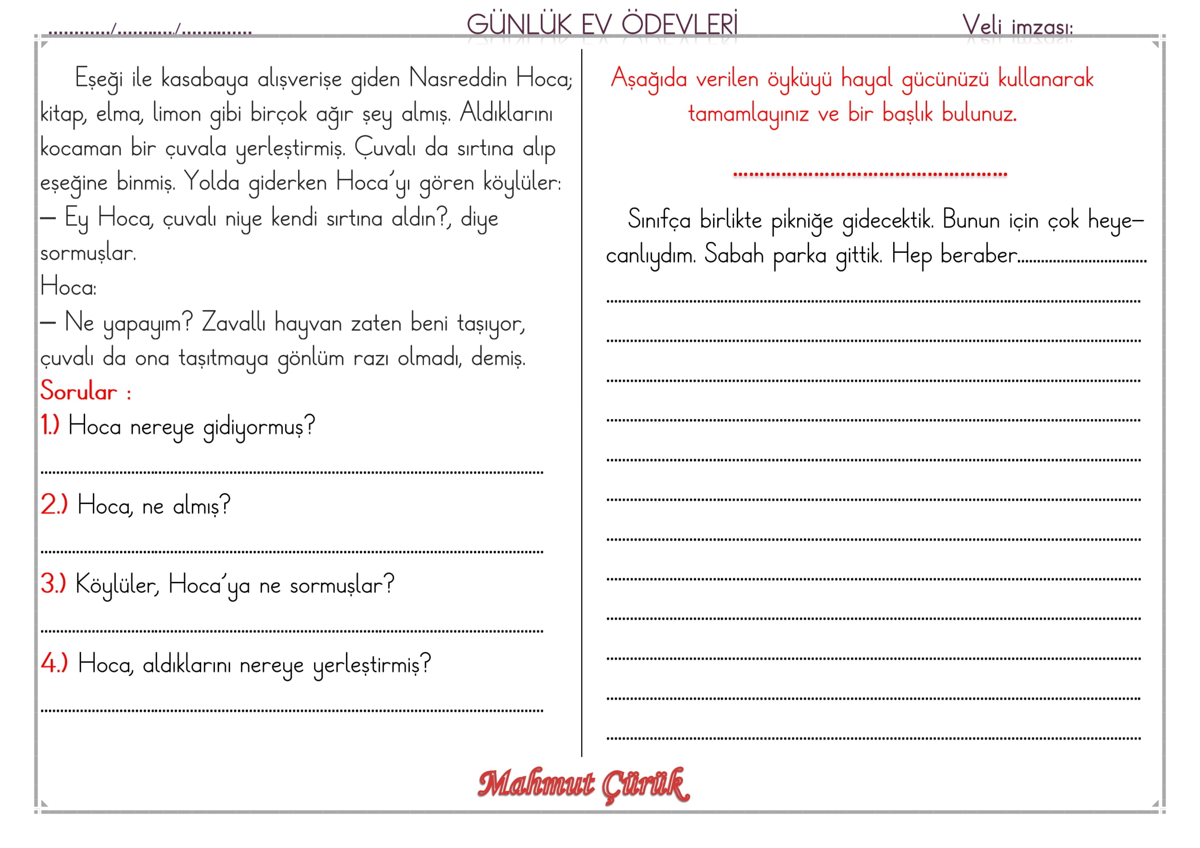 1. Sınıf 29 Mayıs 2025 Günlük Ev Ödevi