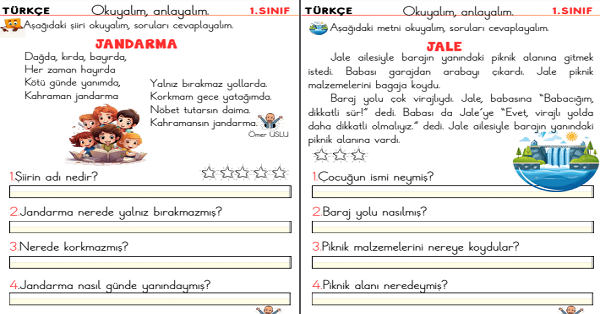 1. Sınıf İlk Okuma Yazma J-j Sesi Okuma Anlama Etkinliği