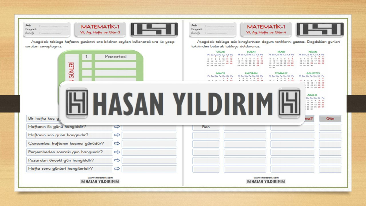 1. Sınıf Matematik Yıl, Ay, Hafta ve Gün Etkinlik Sayfaları