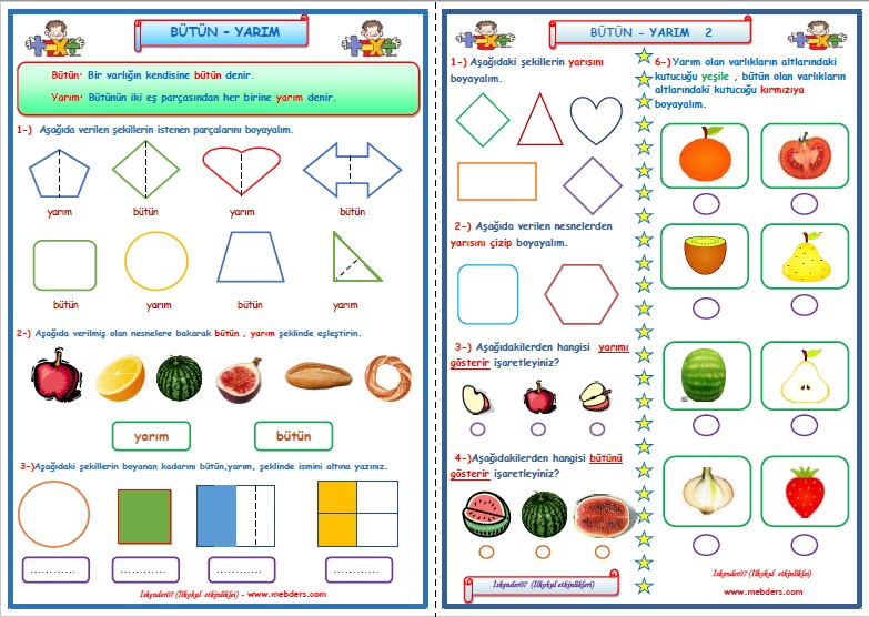 1. Sınıf Matematik Kesirler Bütün Yarım Çalışması 1-2 (2 Sayfa)