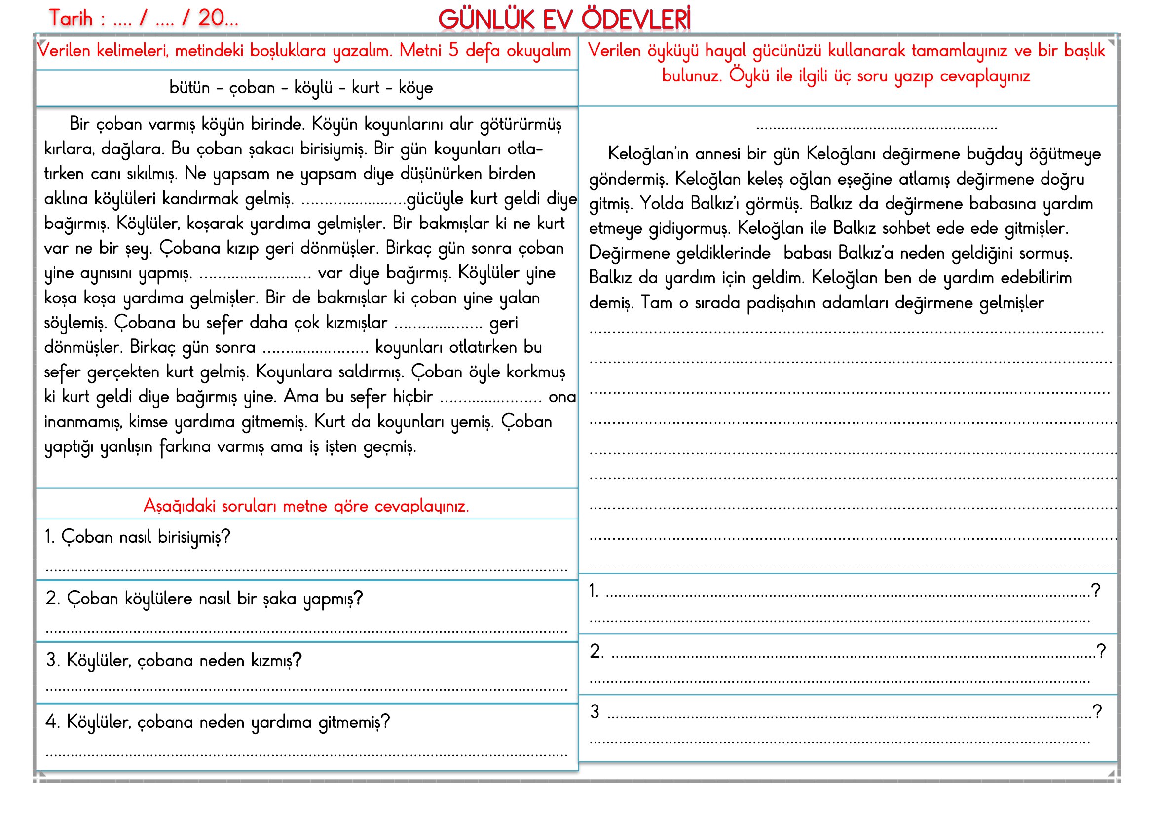 2. Sınıf - 08 Haziran 2026 Günlük Ev Ödevleri