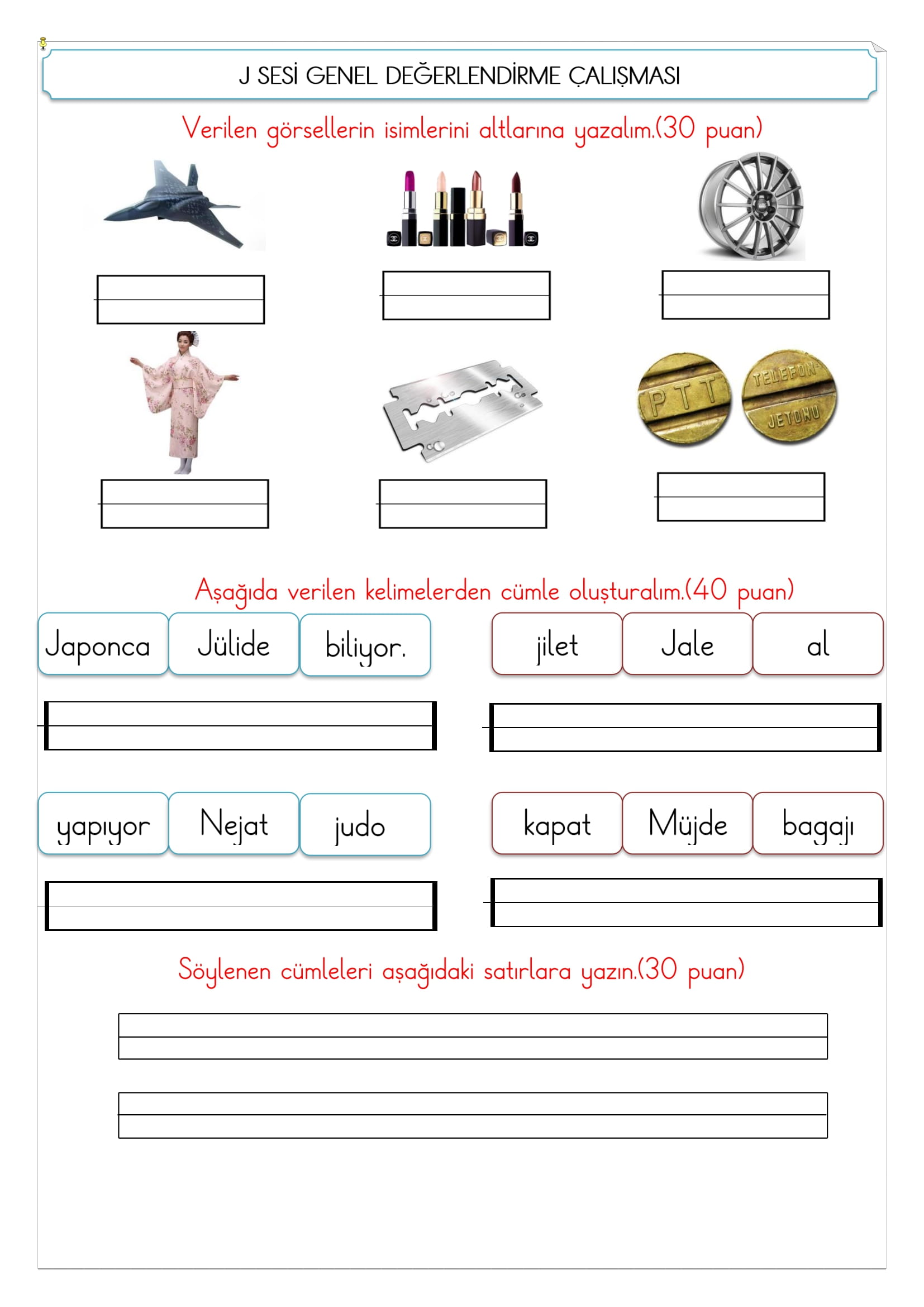 1. Sınıf İlk Okuma Yazma J Sesi Değerlendirme Çalışması 1