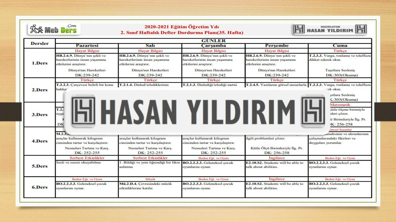 2. Sınıf 35.Hafta(14-18 Haziran) Defter Dolum Planı