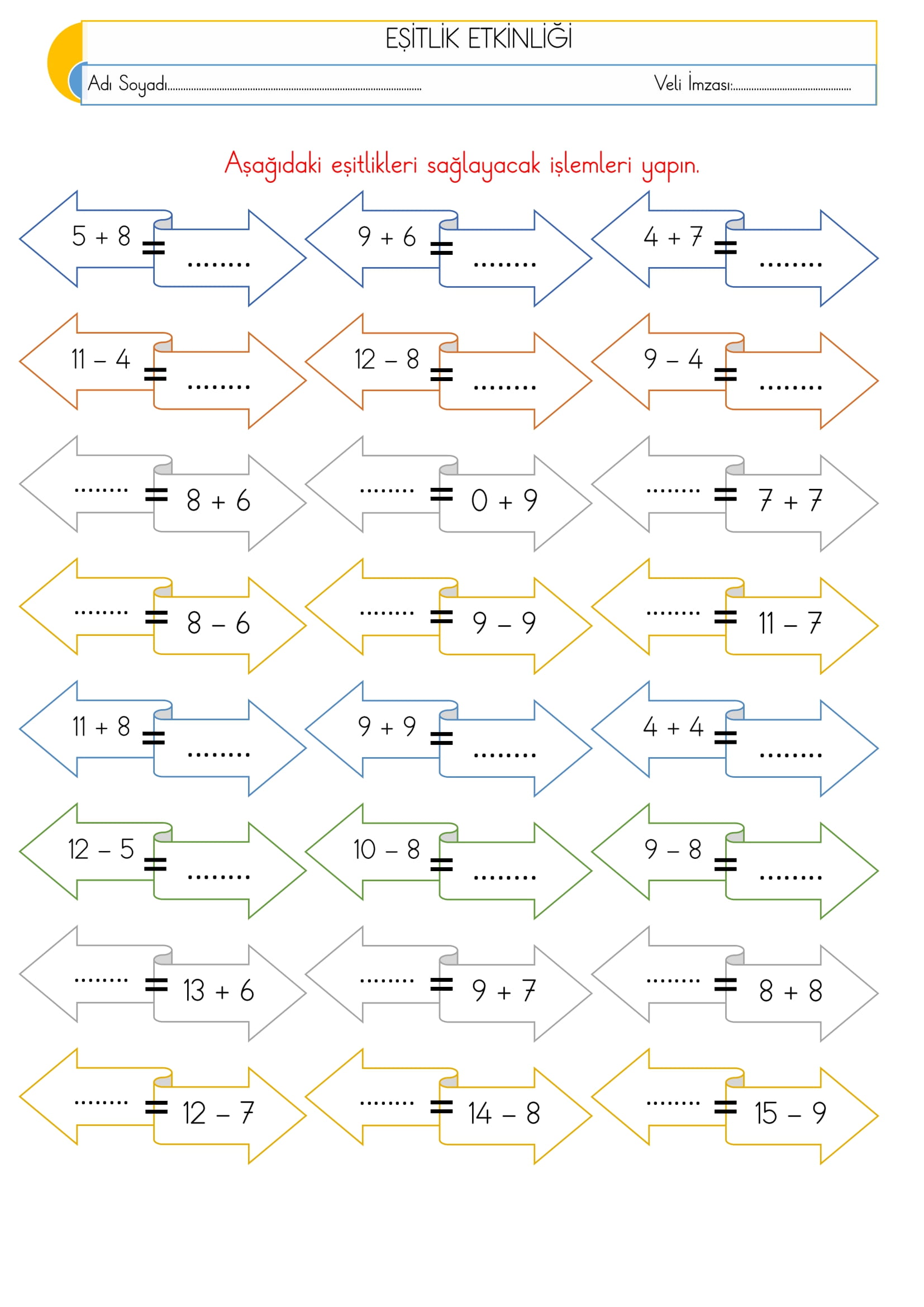 1. Sınıf Matematik Eşitlik Etkinliği-2