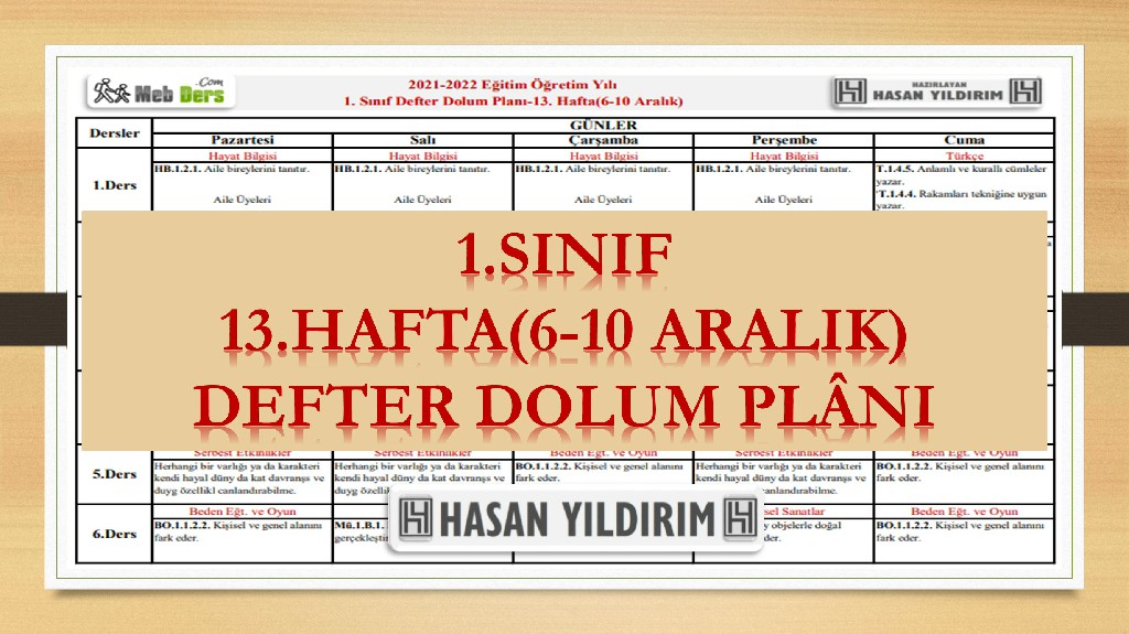 1. Sınıf 13.Hafta(6-10 Aralık) Defter Dolum Planı