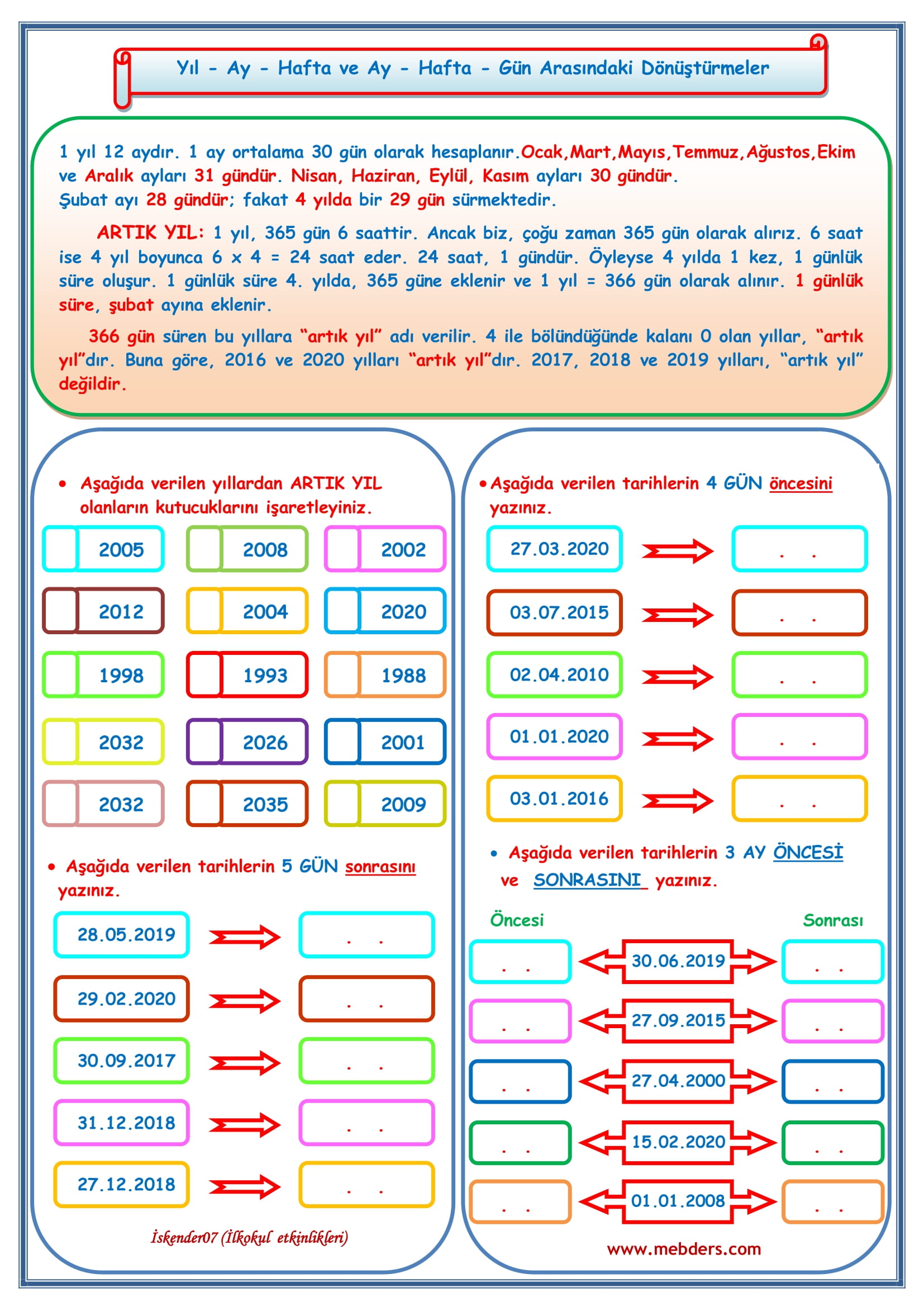 4. Sınıf Matematik Artık Yıl - Yıl - Ay - Hafta ve Ay - Hafta - Gün Arasındaki Dönüştürmeler