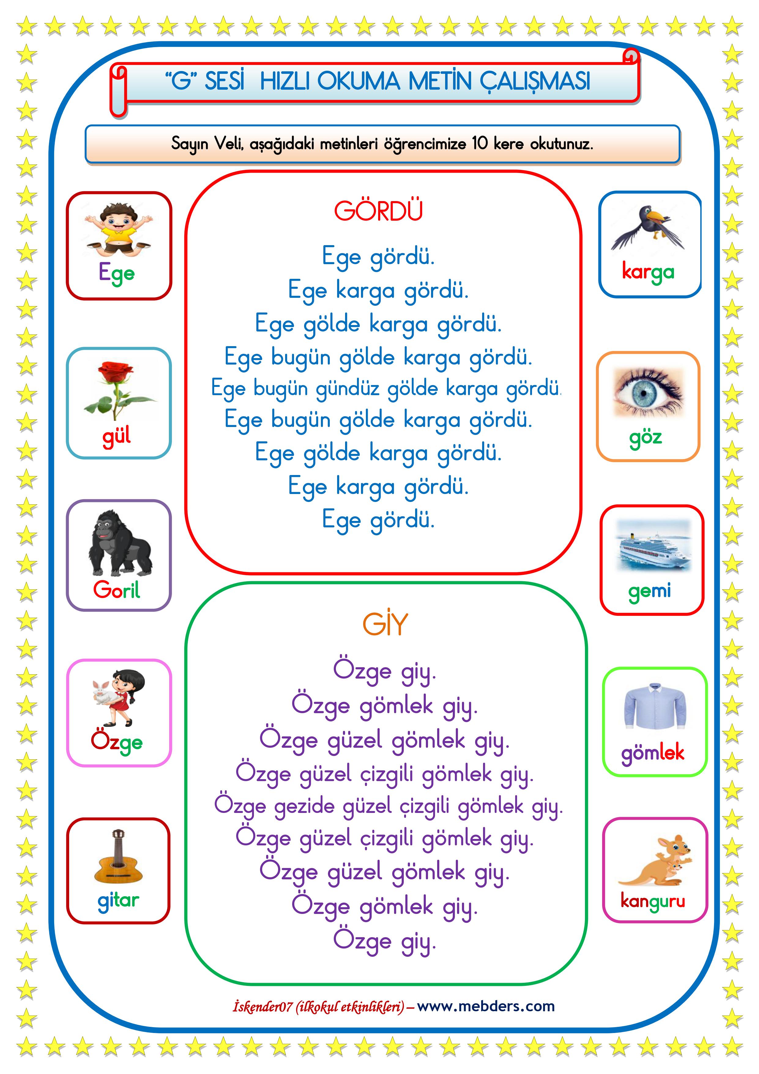 1. Sınıf G-g Sesi Hızlı Okuma Metin Çalışması (Karesel Metin)