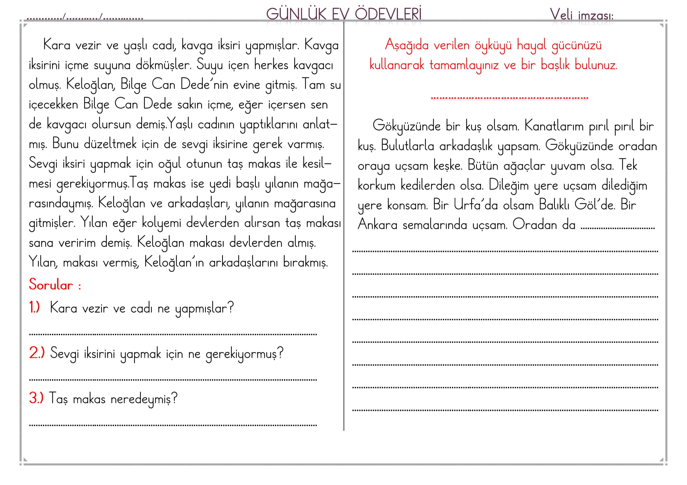 1. Sınıf 03 Mart 2025 Günlük Ev Ödevi