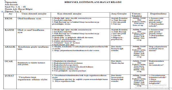 2. Sınıf Hayat Bilgisi Bireyselleştirilmiş Eğitim Planı (Bep) 2023-2024