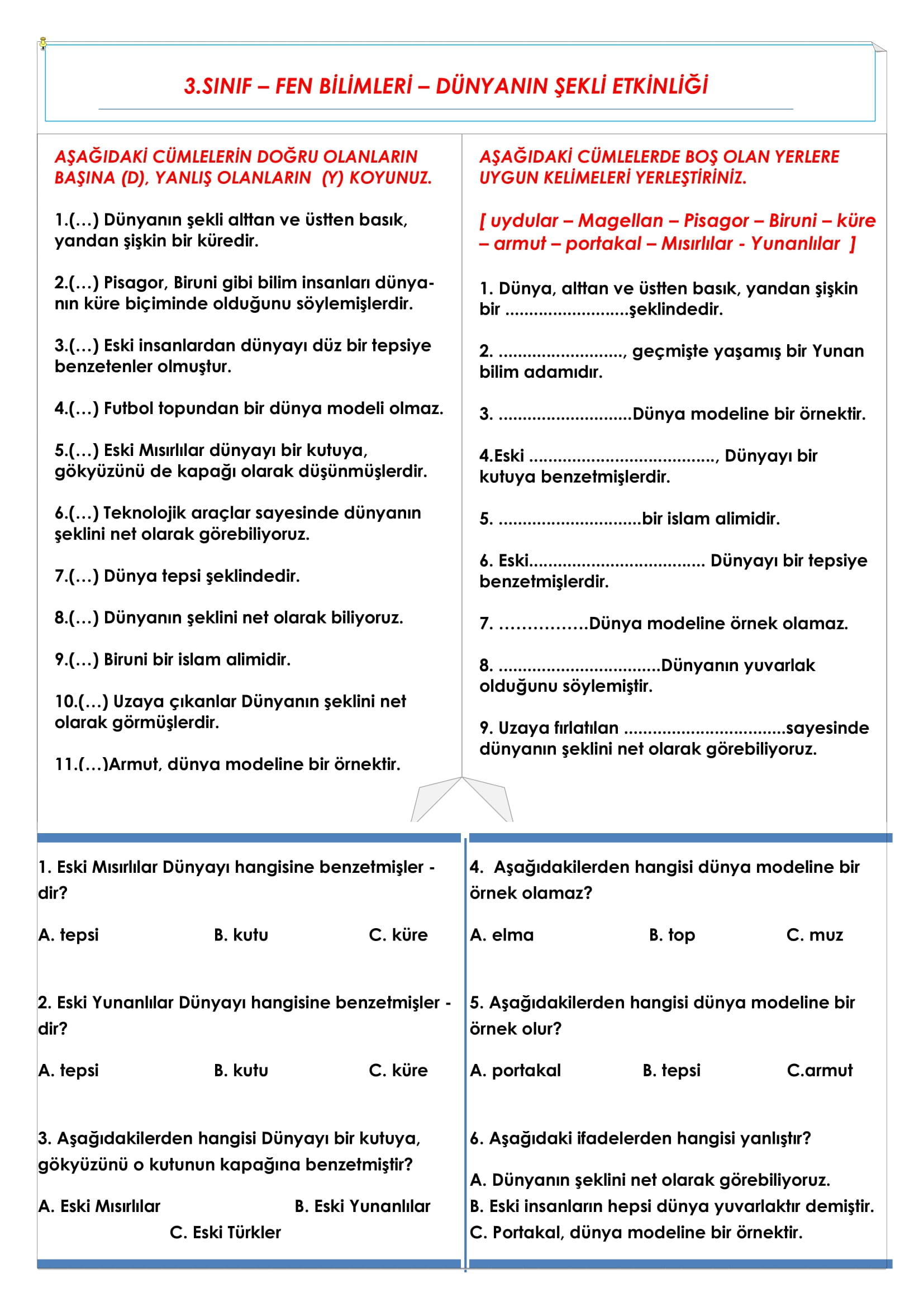 3. Sınıf - Fen Bilimleri - Dünyanın Şekli Etkinliği