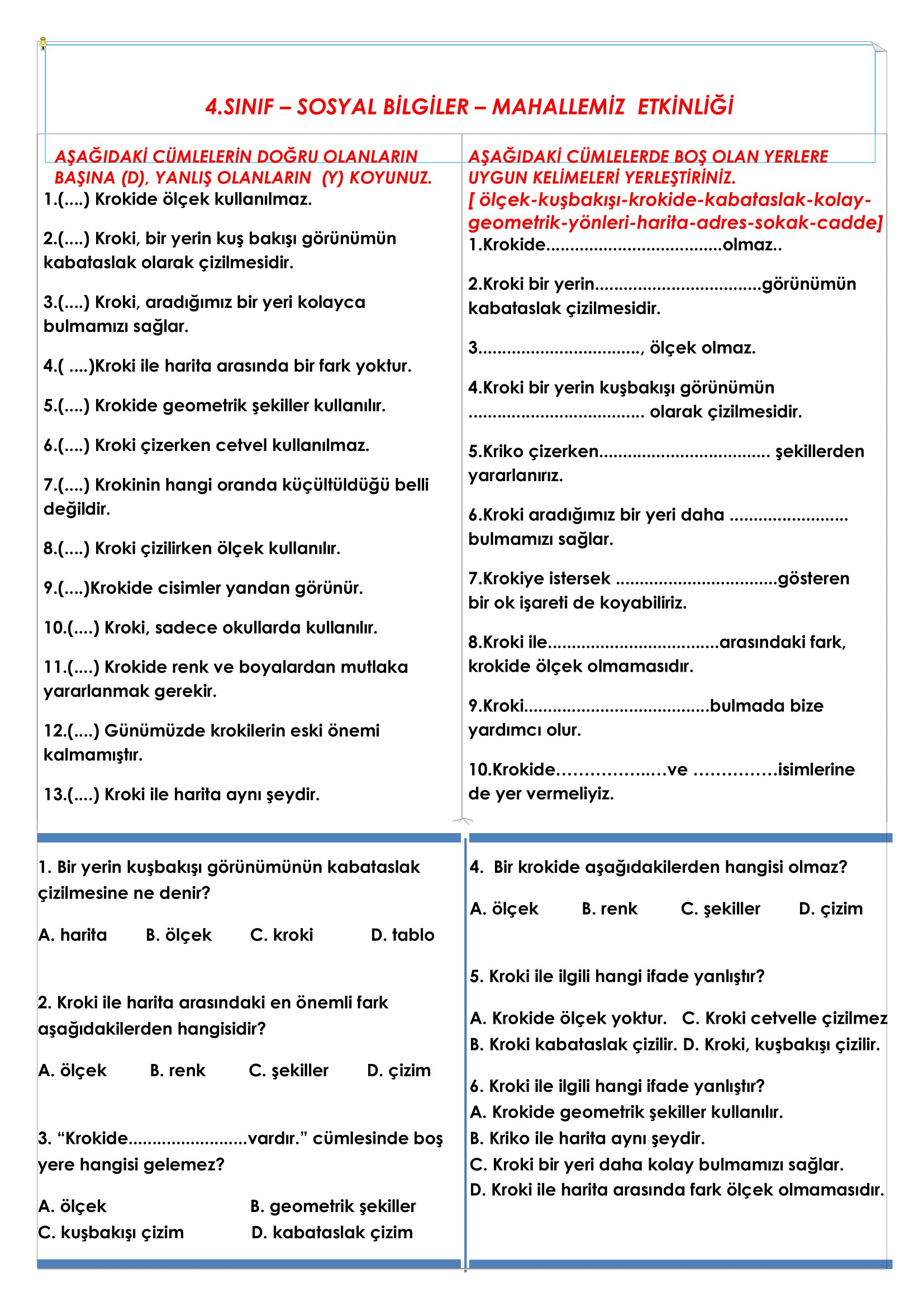 4. Sınıf - Sosyal Bilgiler - Mahallemiz Etkinliği