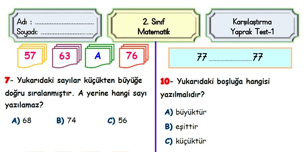2. Sınıf Matematik Doğal Sayılar-Karşılaştırma-Yaprak Test-1