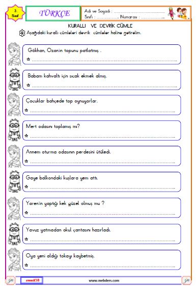 3. Sınıf Türkçe Kurallı Cümle Etkinliği