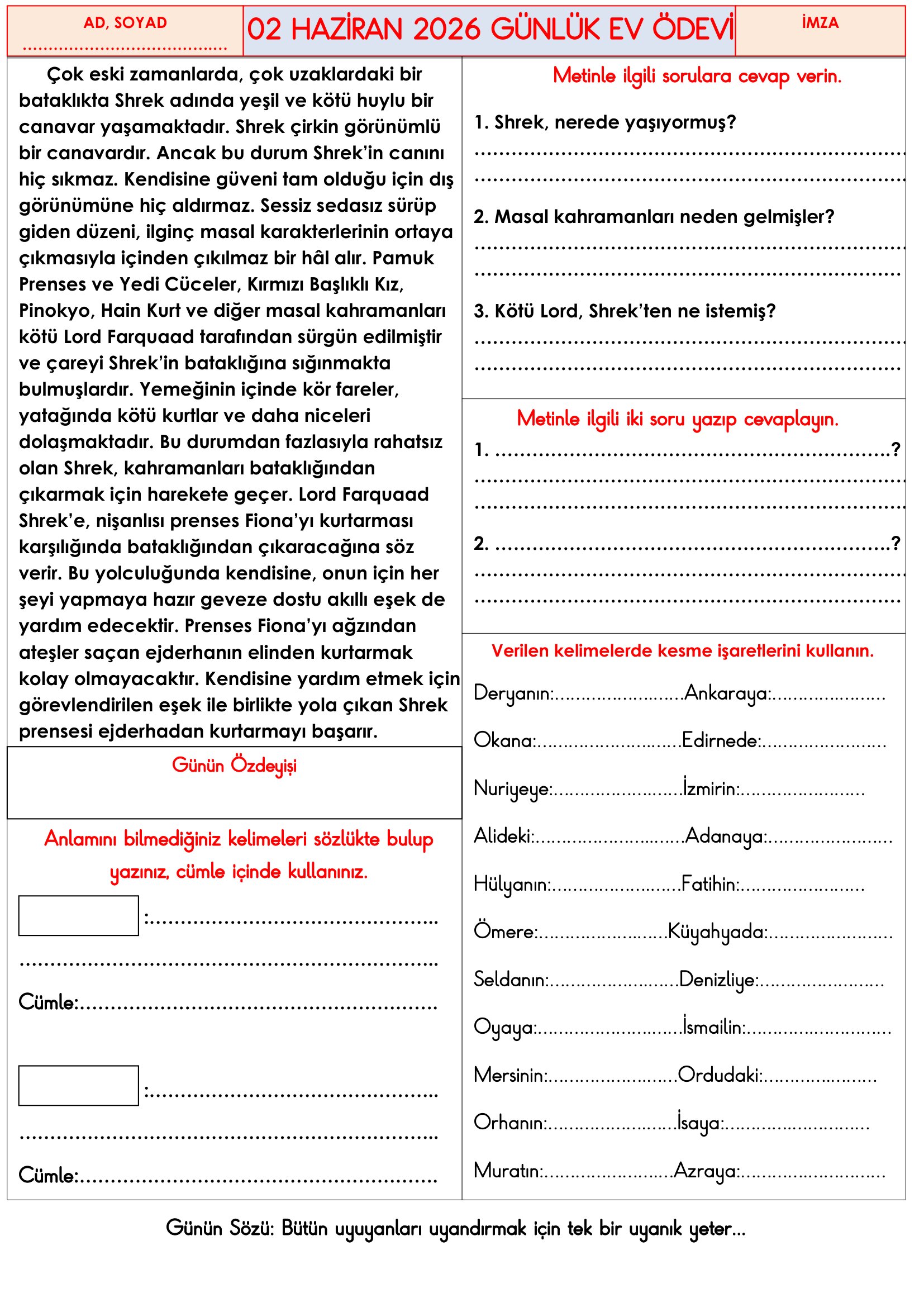 3. Sınıf - 02 Haziran 2026 Günlük Ev Ödevleri