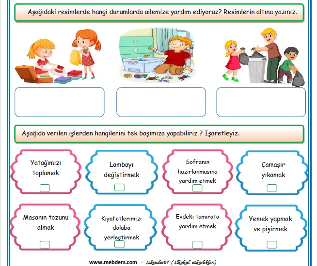 2. Sınıf Hayat Bilgisi Evde Neler Yaparım Etkinlik Çalışması