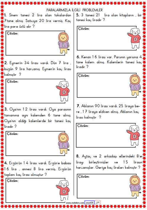 2. Sınıf Matematik Para ile İlgili Problemler Etkinliği 12