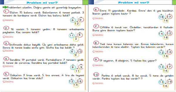 1. Sınıf Matematik Toplama ve Çıkarma İşlemi Problemleri 2