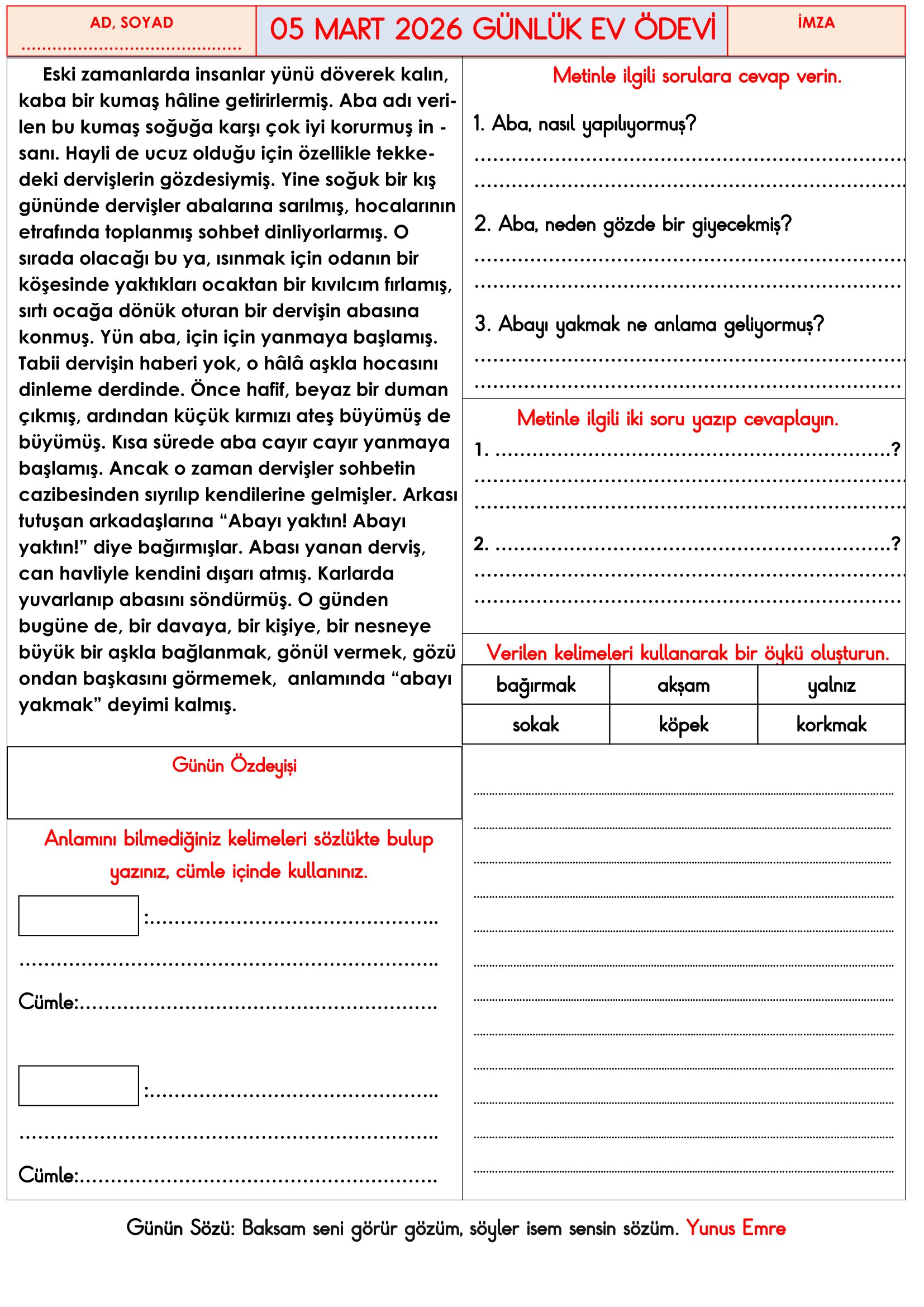 3. Sınıf - 05 Mart 2026 Günlük Ev Ödevleri
