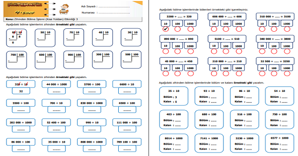 4. Sınıf Matematik Zihinden Bölme İşlemi (Kısa Yoldan) Etkinliği 3