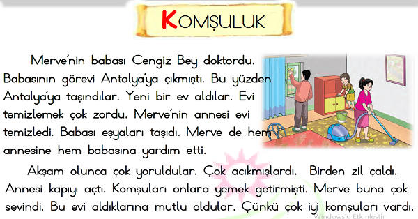 1. Sınıf Türkçe Okuma Anlama (Komşuluk) Metni