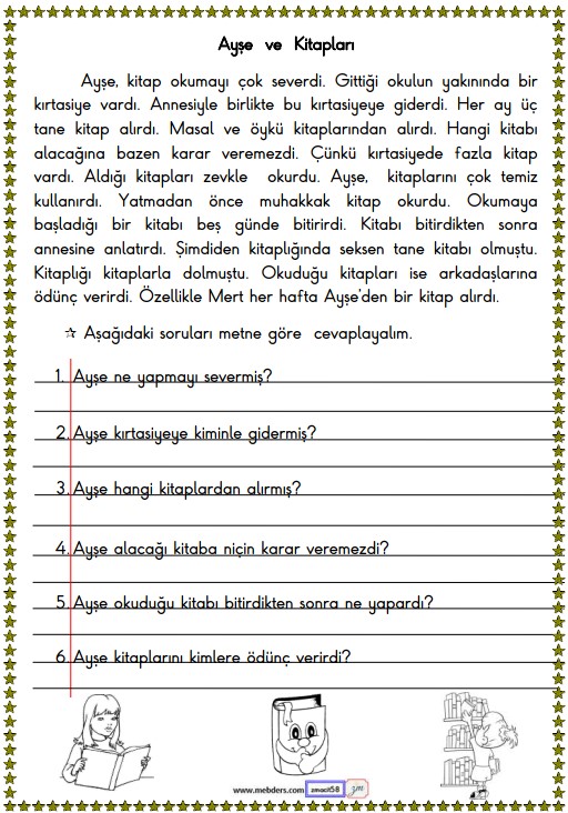 1. Sınıf Türkçe Okuma ve Anlama Etkinliği 13 (Ayşe ve Kitapları)