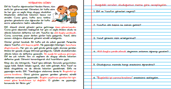 4. Sınıf Türkçe Okuma Anlama (Yetişmeyen Görev Metni) Deyim ve Atasözü İçerikli