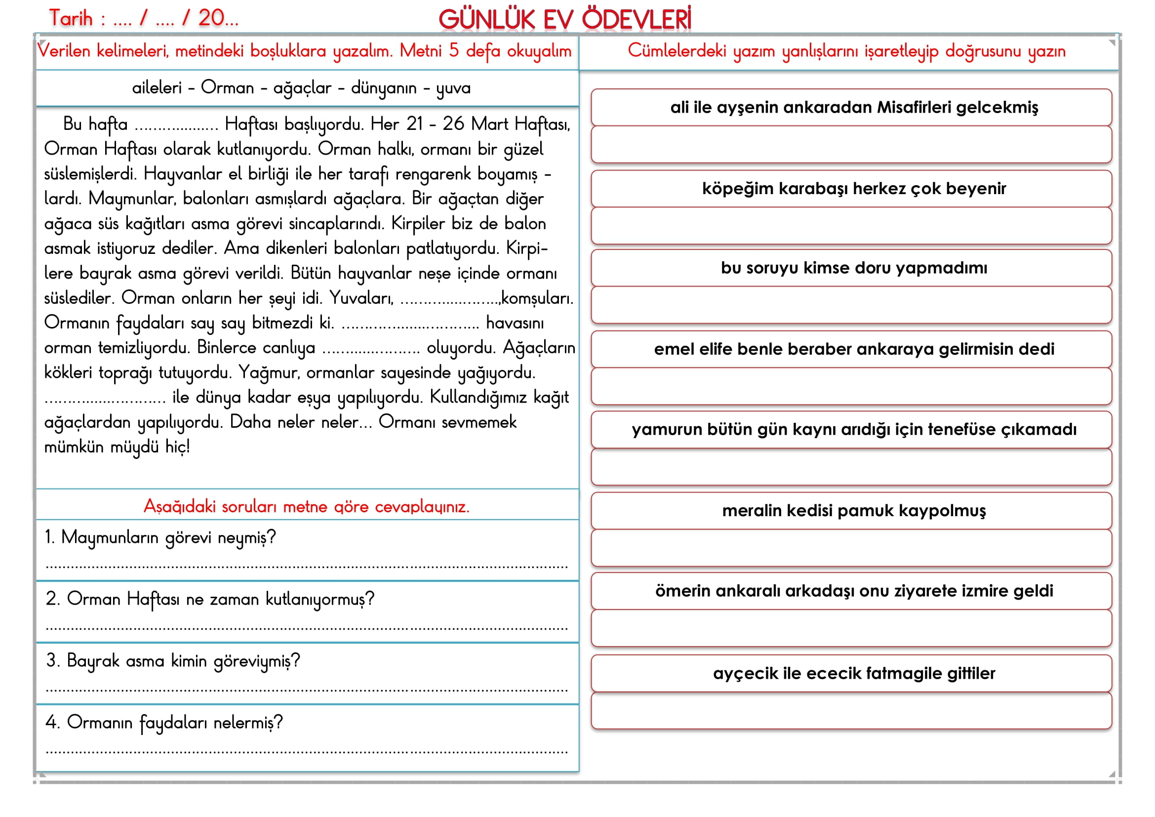2. Sınıf 19 Mart 2025 Günlük Ev Ödevi