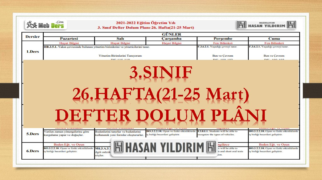 3. Sınıf 26.Hafta(21-25 Mart) Defter Dolum Planı