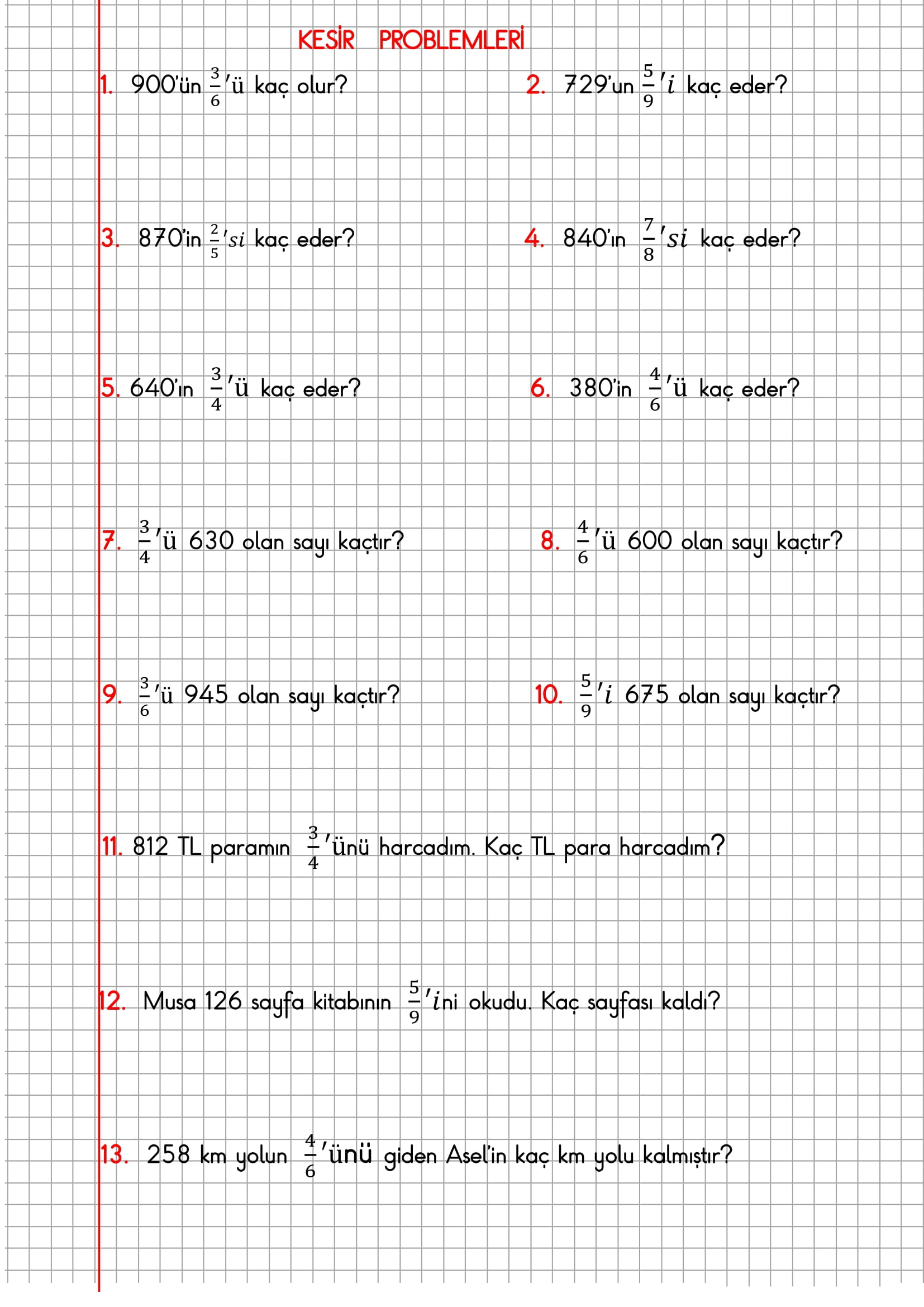 4. Sınıf Matematik Kareli Defterde Kesir Problemleri