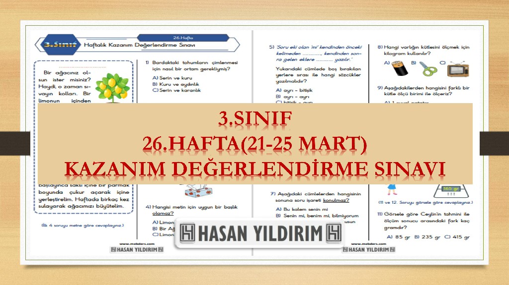 3. Sınıf Haftalık Değerlendirme Testi-26.Hafta(21-25 Mart)