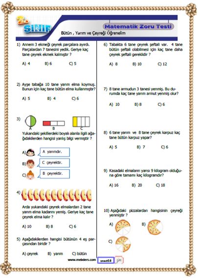 2. Sınıf Matematik Bütün , Yarım ve Çeyreği Öğrenelim Kazanım Testi