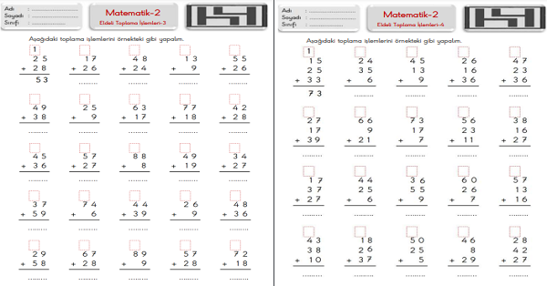 2. Sınıf Matematik Eldeli Toplama İşlemleri Çalışma Sayfaları