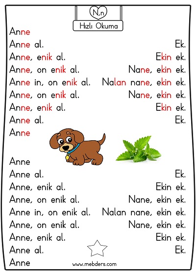 1. Sınıf İlk Okuma Karesel Metin Hızlı Okuma Etkinliği - N Sesi