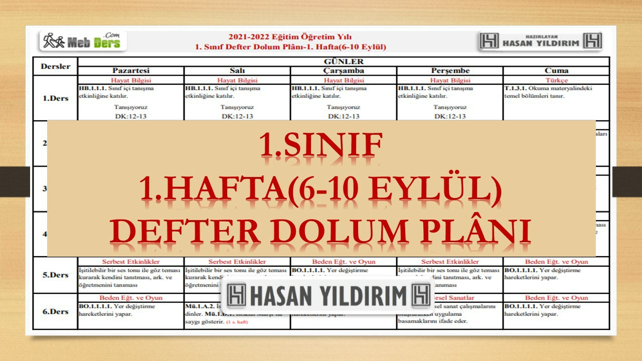 1. Sınıf 1.Hafta(6-10 Eylül) Defter Dolum Planı