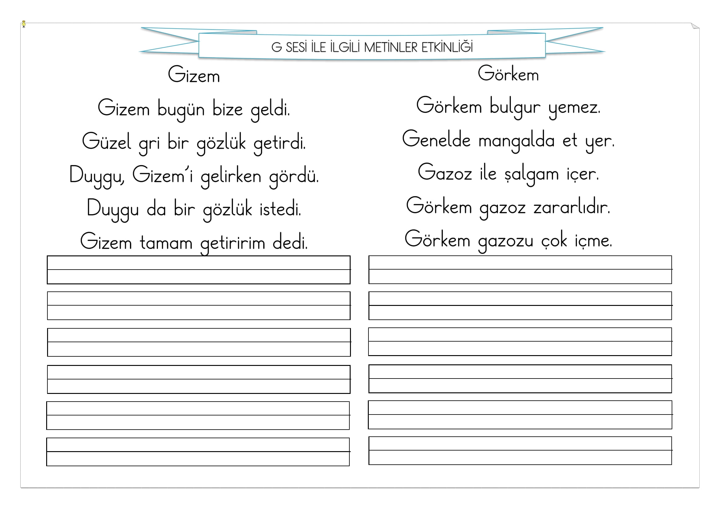 1. Sınıf İlk Okuma Yazma G Sesi Metinler Etkinliği