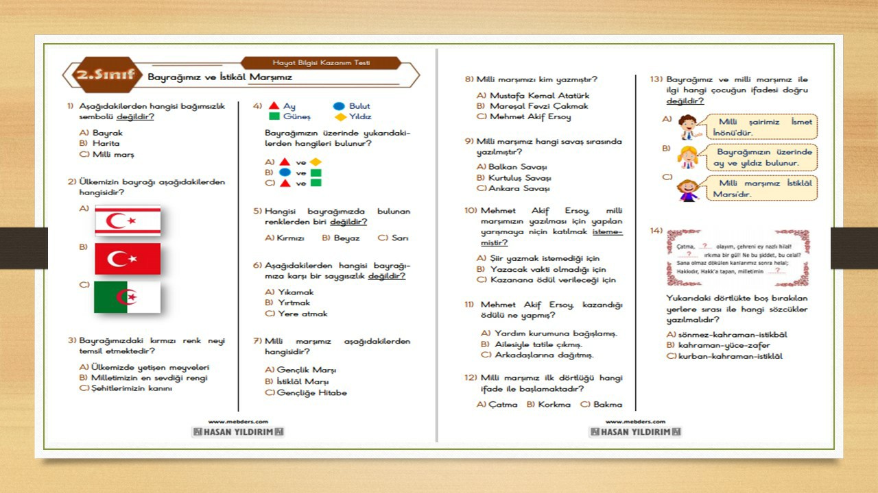 2. Sınıf Hayat Bilgisi Bayrağımız ve İstiklâl Marşımız Testi